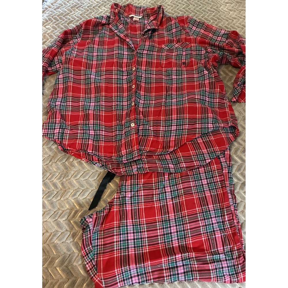 Victoria Secret Red Plaid Pajama Set XXL Holiday Pockets Top Pants 2023 Size 2XL